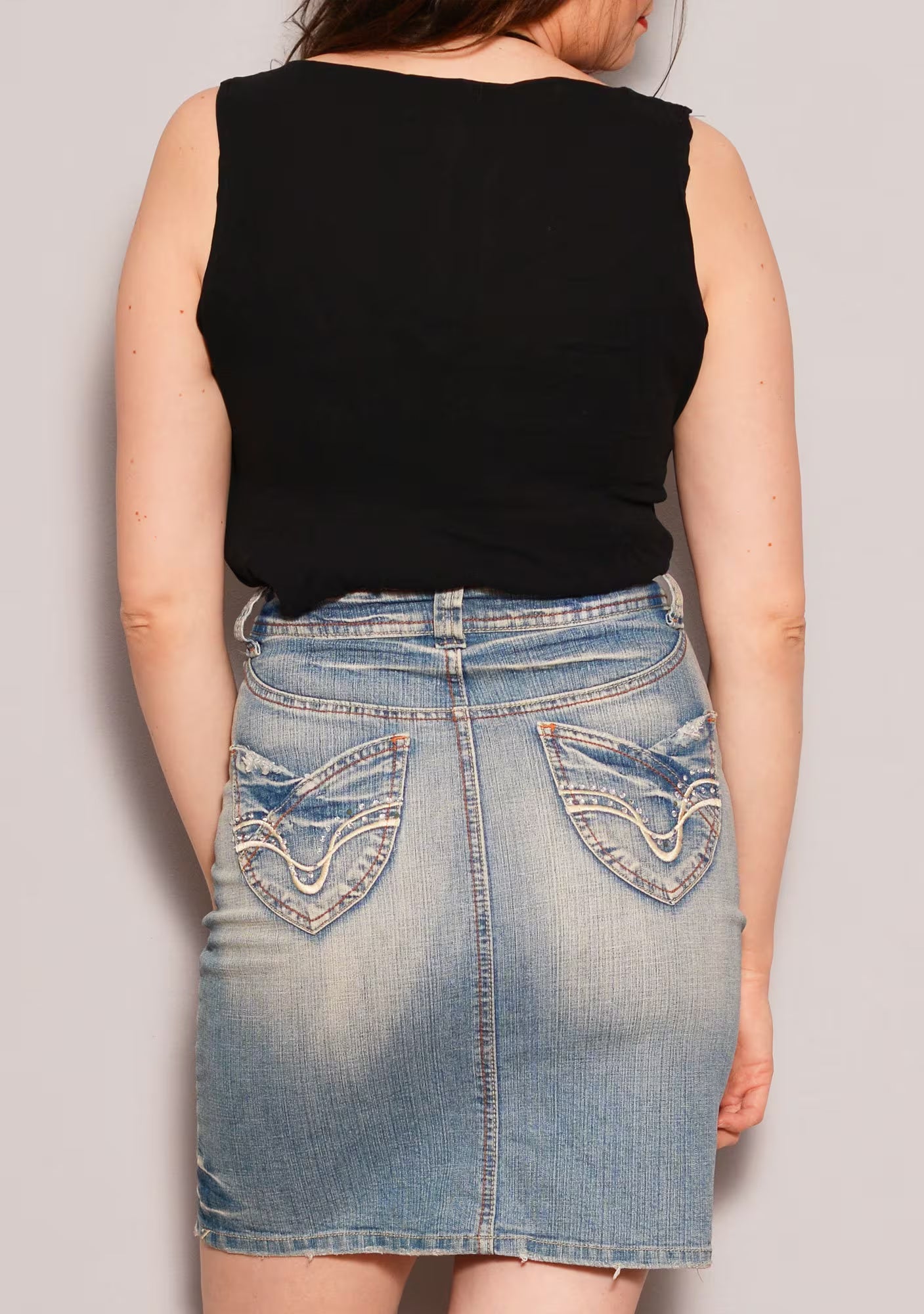 Size 4 to 6 | Medium Wash Tight Denim Pencil Skirt | Mini Frayed Skirt with Embroidered Pockets Casual Beaded High Waist Skirt Fitted Short