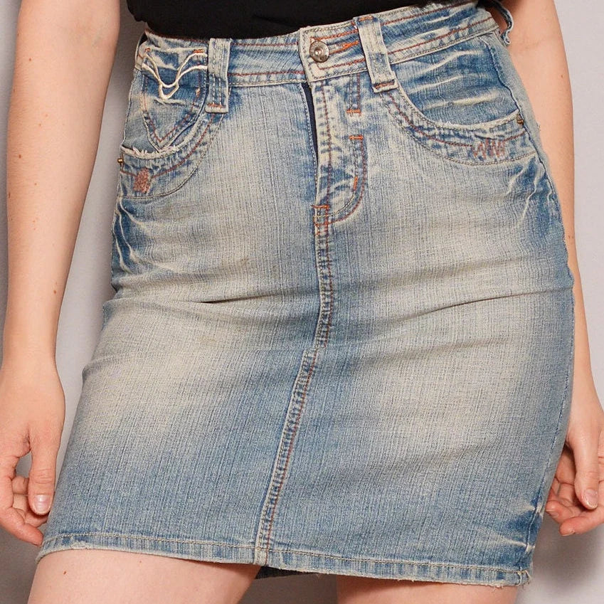 Size 4 to 6 | Medium Wash Tight Denim Pencil Skirt | Mini Frayed Skirt with Embroidered Pockets Casual Beaded High Waist Skirt Fitted Short