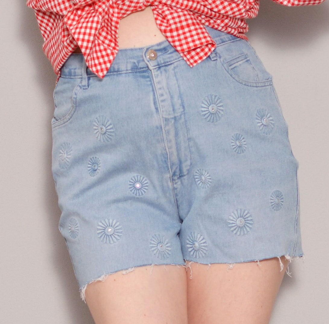 Size 8 | Floral Embroidery Cut off Denim Shorts | Hippie Summer High Waist Shorts | Embellished Zipper Fly Casual Shorts | Stretchy Jean
