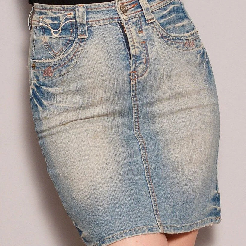 Size 4 to 6 | Medium Wash Tight Denim Pencil Skirt | Mini Frayed Skirt with Embroidered Pockets Casual Beaded High Waist Skirt Fitted Short