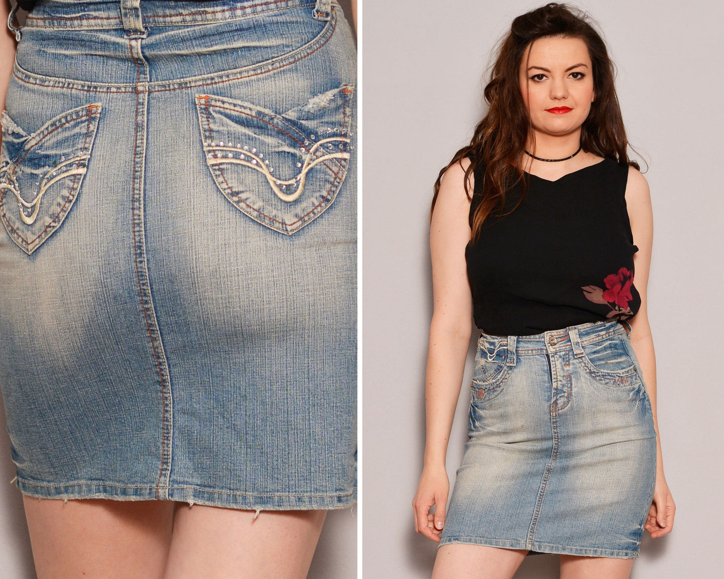 Size 4 to 6 | Medium Wash Tight Denim Pencil Skirt | Mini Frayed Skirt with Embroidered Pockets Casual Beaded High Waist Skirt Fitted Short