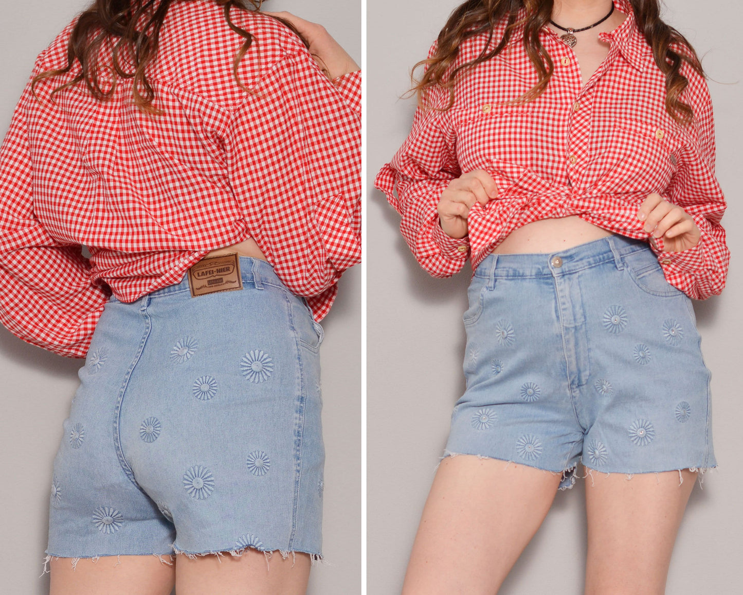 Size 8 | Floral Embroidery Cut off Denim Shorts | Hippie Summer High Waist Shorts | Embellished Zipper Fly Casual Shorts | Stretchy Jean