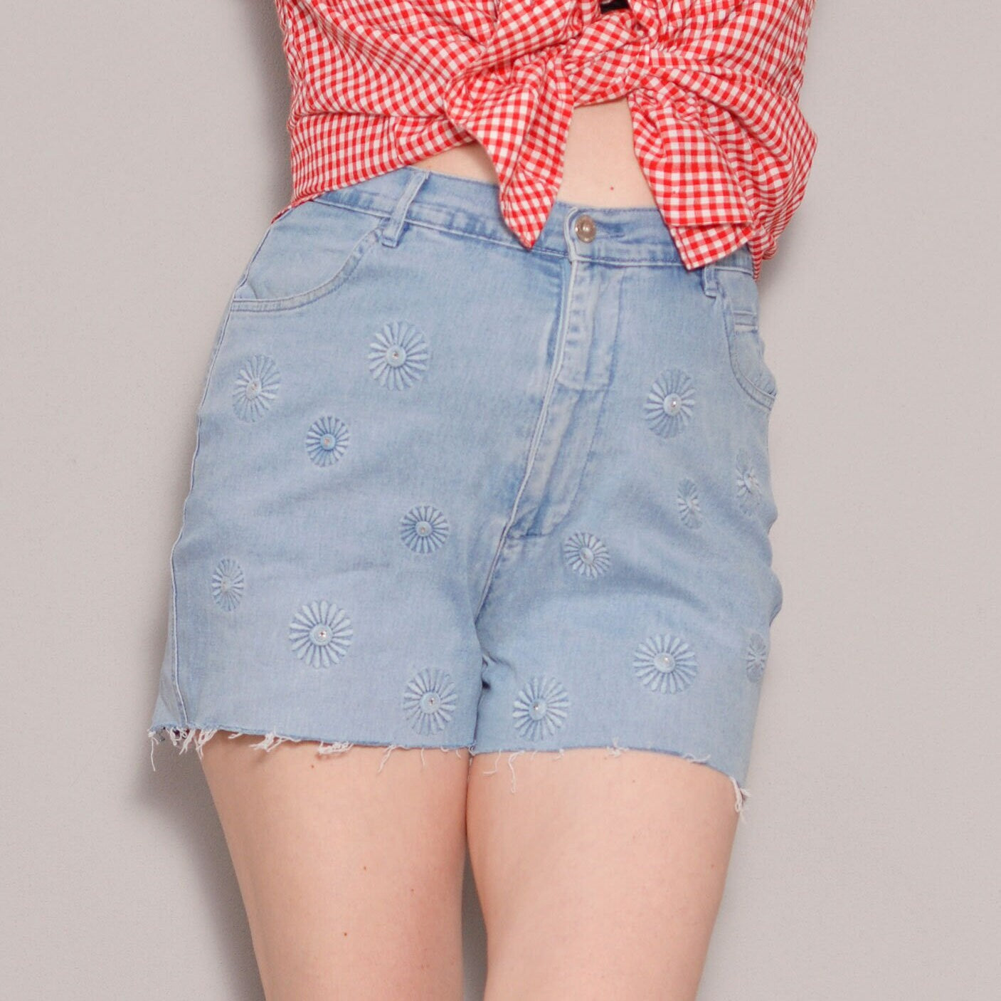 Size 8 | Floral Embroidery Cut off Denim Shorts | Hippie Summer High Waist Shorts | Embellished Zipper Fly Casual Shorts | Stretchy Jean