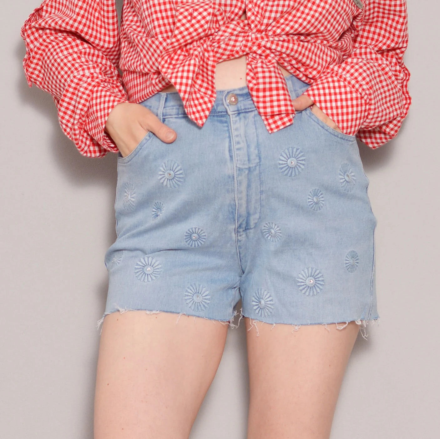 Size 8 | Floral Embroidery Cut off Denim Shorts | Hippie Summer High Waist Shorts | Embellished Zipper Fly Casual Shorts | Stretchy Jean