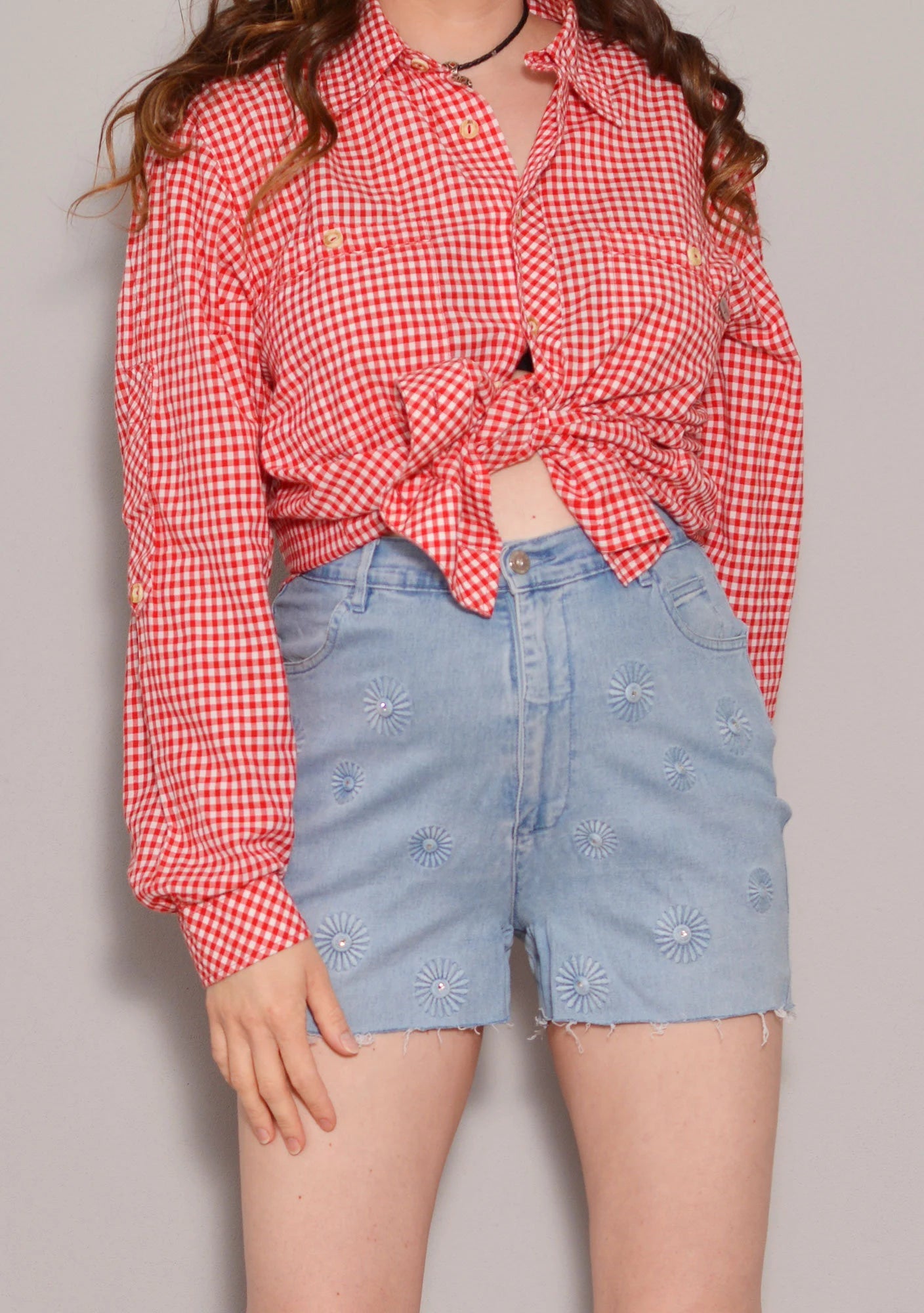 Size 8 | Floral Embroidery Cut off Denim Shorts | Hippie Summer High Waist Shorts | Embellished Zipper Fly Casual Shorts | Stretchy Jean