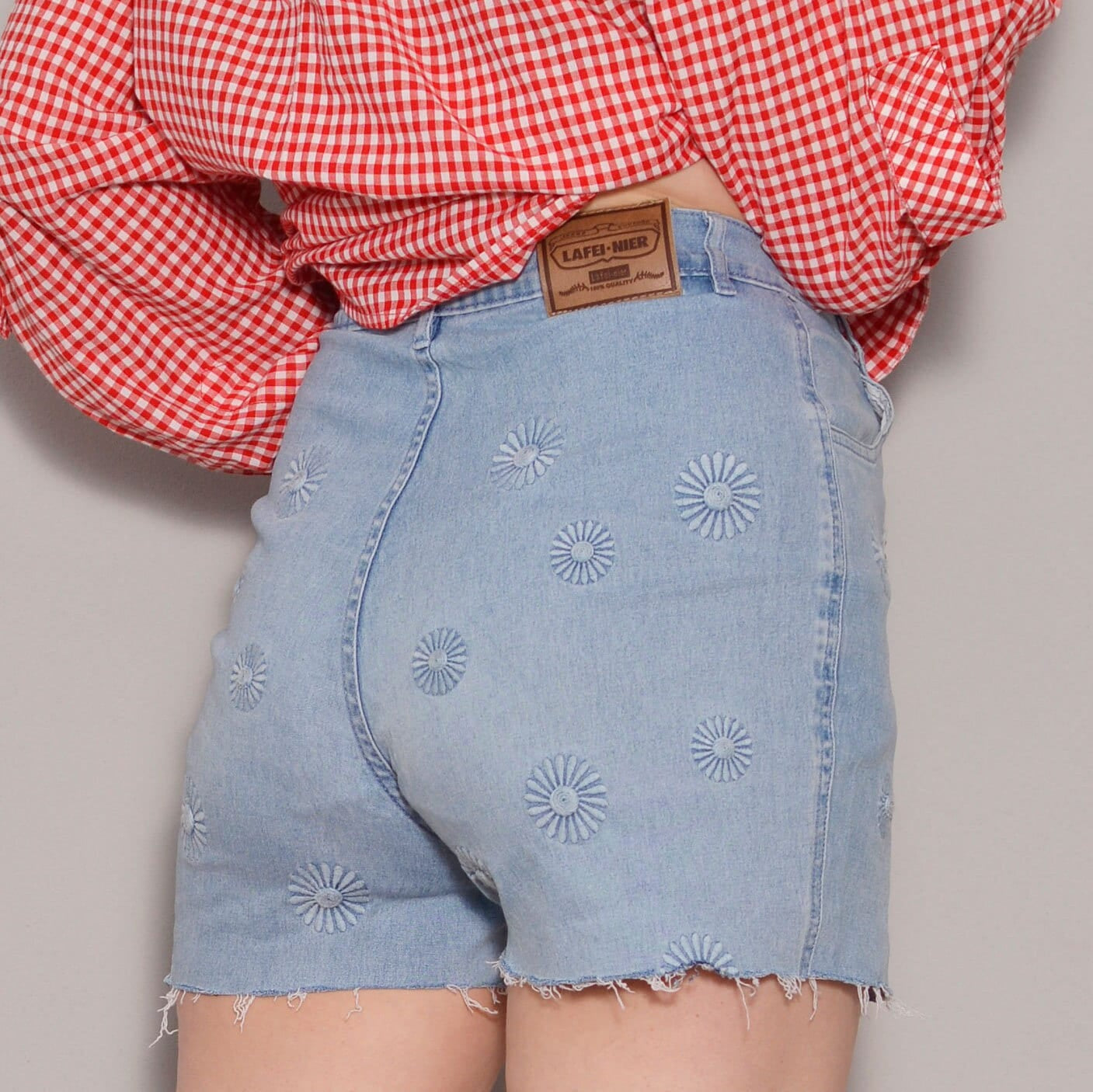 Size 8 | Floral Embroidery Cut off Denim Shorts | Hippie Summer High Waist Shorts | Embellished Zipper Fly Casual Shorts | Stretchy Jean