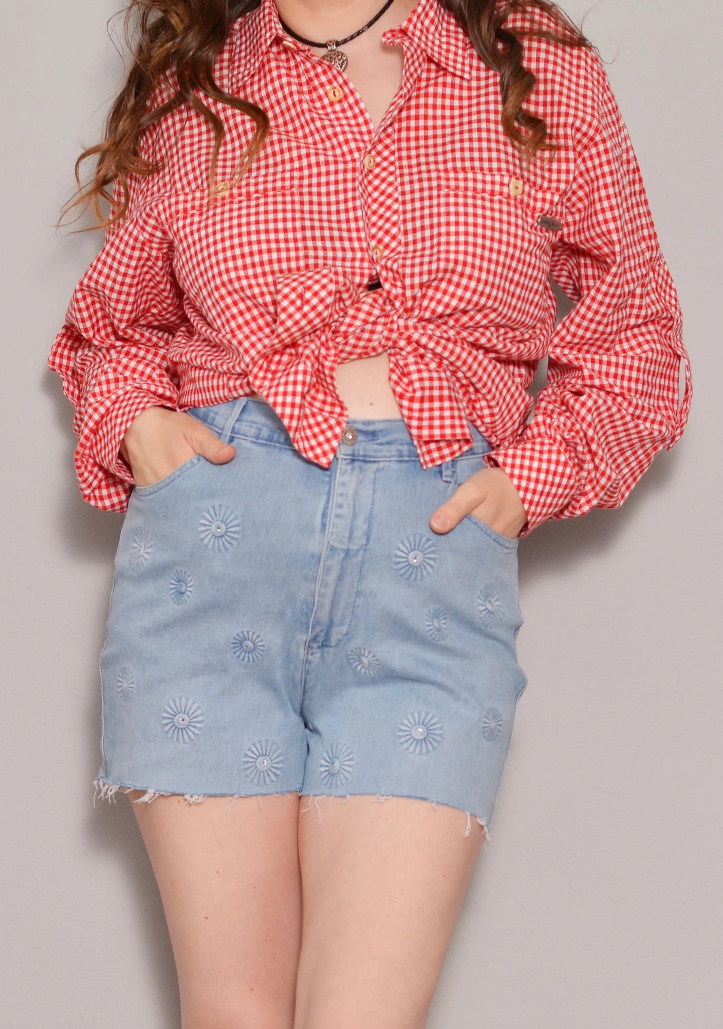 Size 8 | Floral Embroidery Cut off Denim Shorts | Hippie Summer High Waist Shorts | Embellished Zipper Fly Casual Shorts | Stretchy Jean