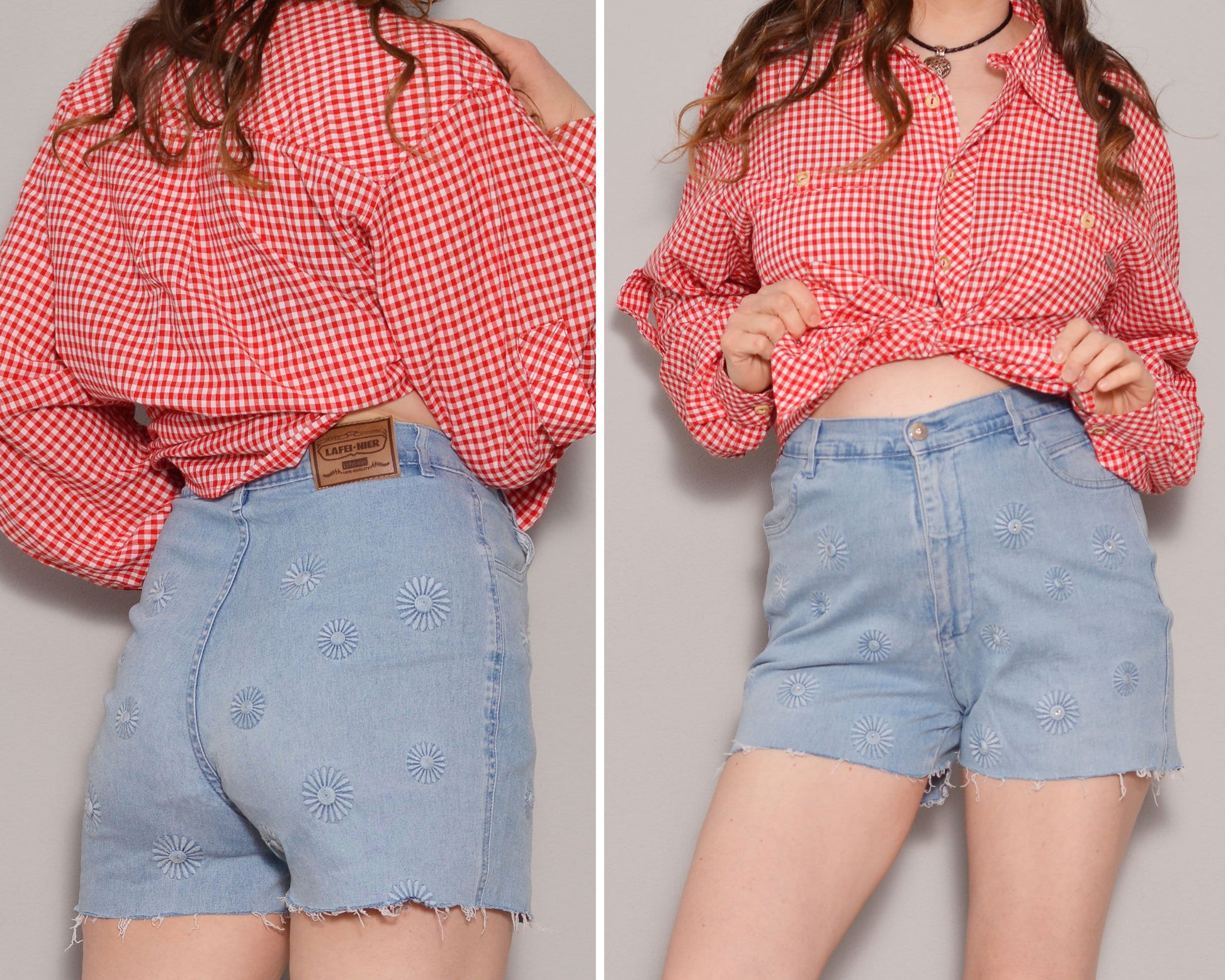Size 8 | Floral Embroidery Cut off Denim Shorts | Hippie Summer High Waist Shorts | Embellished Zipper Fly Casual Shorts | Stretchy Jean